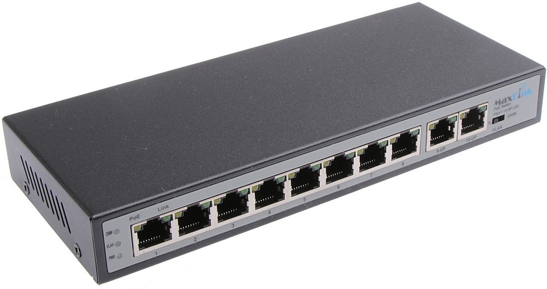 MaxLink PoE switch PSAT-10-8P-250, 10x LAN/8x PoE 250m, 802.3af/at, 120W, 10/100Mbps